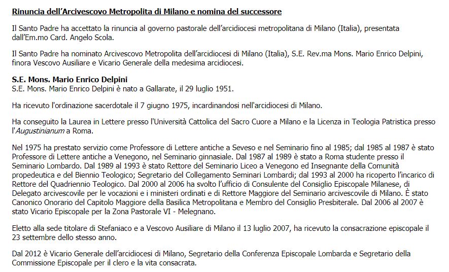 comunicazione ufficale dal sito https://w2.vatican.va