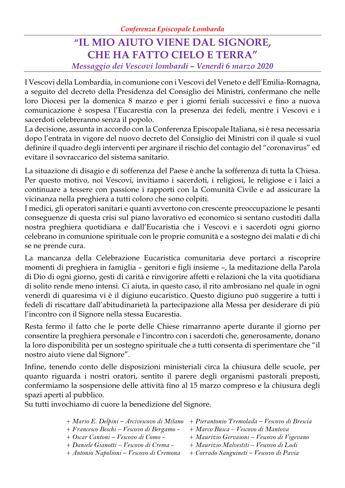 Aggiornamento celebrazioni 6-15 marzo 20201