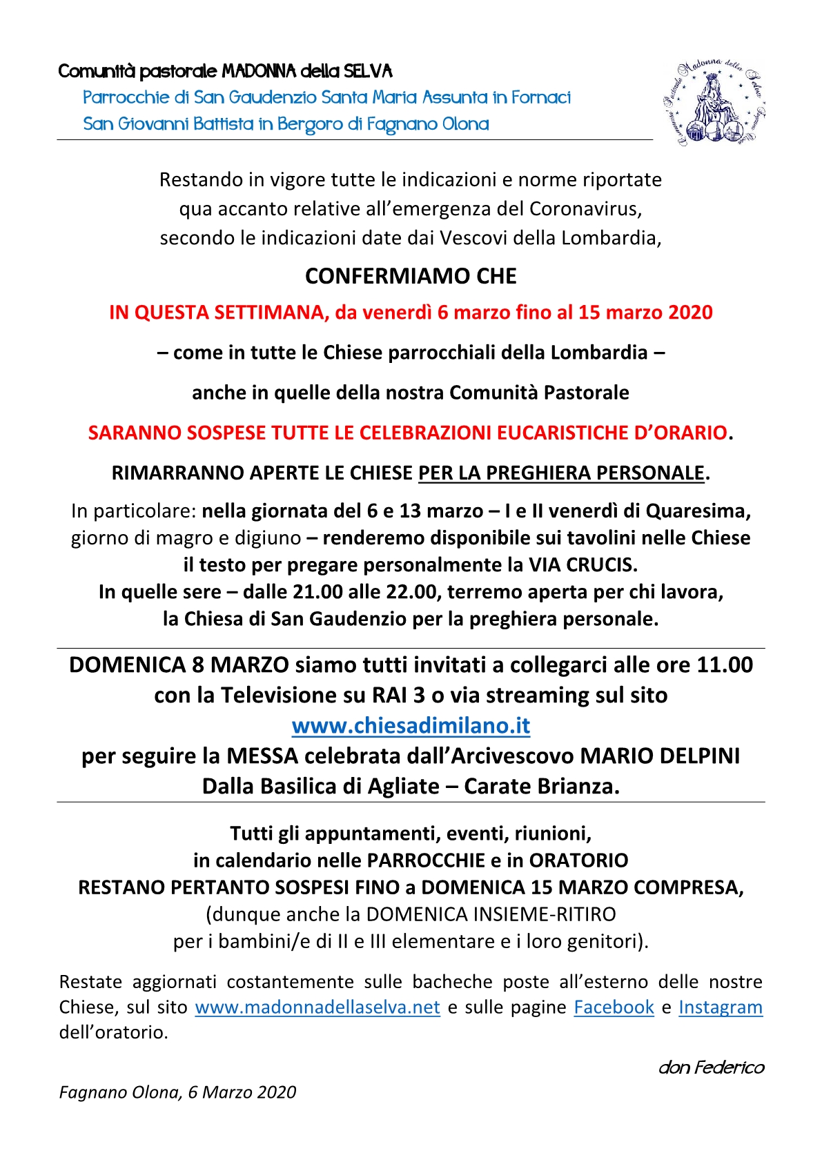 Aggiornamento celebrazioni 6-15 marzo 20202
