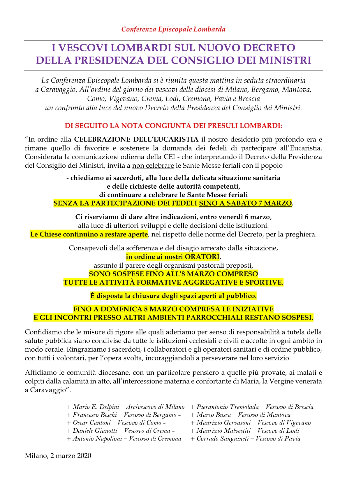 Avvisi 2 marzo 20201