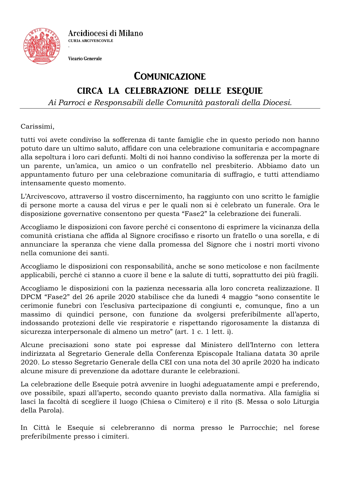 Comunicazione circa la celebrazione delle esequie1